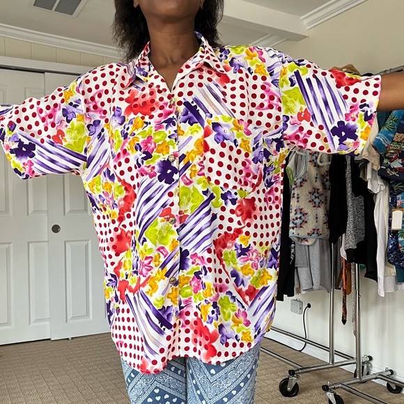 Bright and funky floral polka dot button up blouse size large principles - Picture 2 of 5